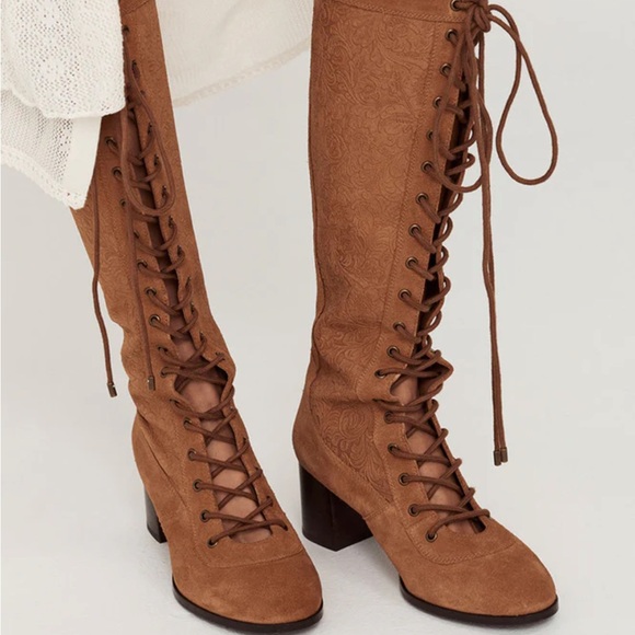SPELL SUEDE LACE-UP BOOTS IN TOFFEE SIDE ZIPPER CLOSE BLOCK HEEL SIZE US 8 1/2